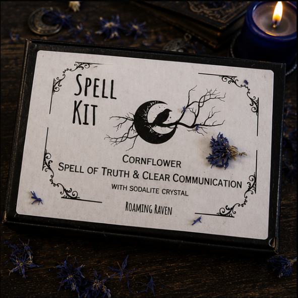 Cornflower spell kit with dried cornflowers, ritual candle, blue crystal and spell scroll by Roaming Raven