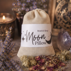 Handcrafted Moon Pillow filled with dried lavender, chamomile, rose petals and calming botanicals for restful sleep by Roaming Raven