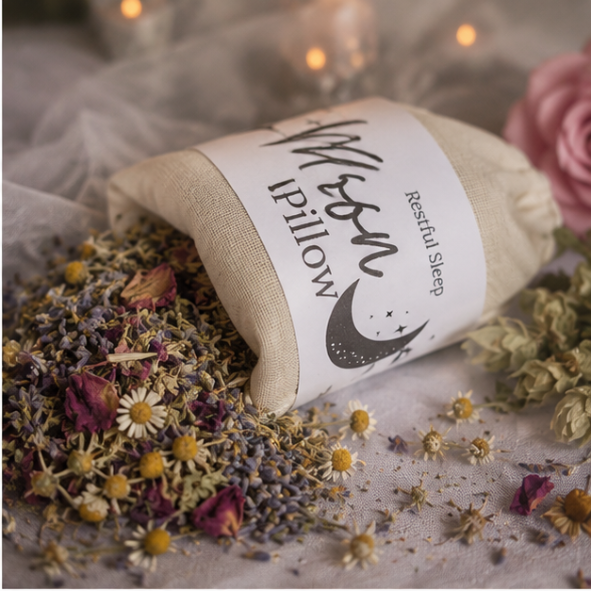 Handcrafted Moon Pillow filled with dried lavender, chamomile, rose petals and calming botanicals for restful sleep by Roaming Raven