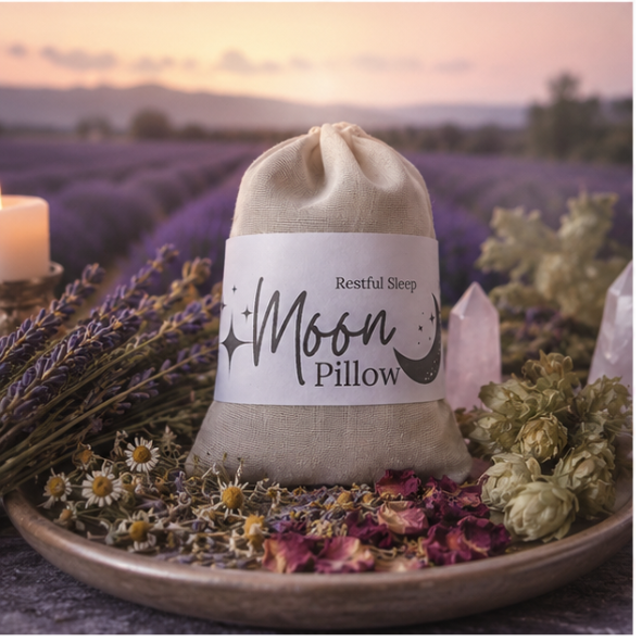 Handcrafted Moon Pillow filled with dried lavender, chamomile, rose petals and calming botanicals for restful sleep by Roaming Raven
