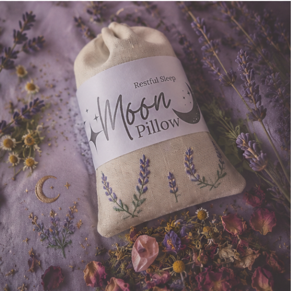 Handcrafted Moon Pillow filled with dried lavender, chamomile, rose petals and calming botanicals for restful sleep by Roaming Raven