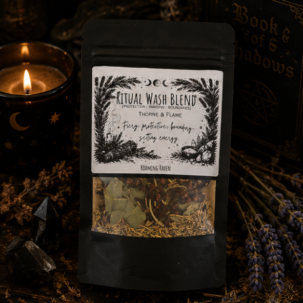 Thorne & Flame Ritual Wash Blend with botanical herbs and mineral salts for protection, grounding and spiritual home cleansing by Roaming Raven