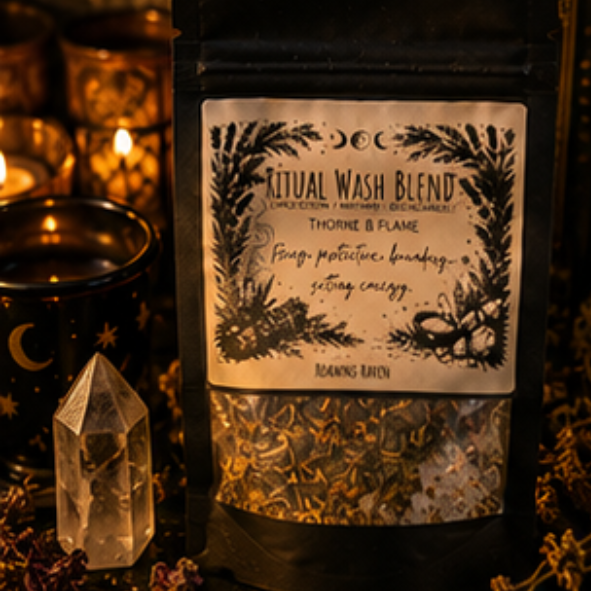 Thorne & Flame Ritual Wash Blend with botanical herbs and mineral salts for protection, grounding and spiritual home cleansing by Roaming Raven