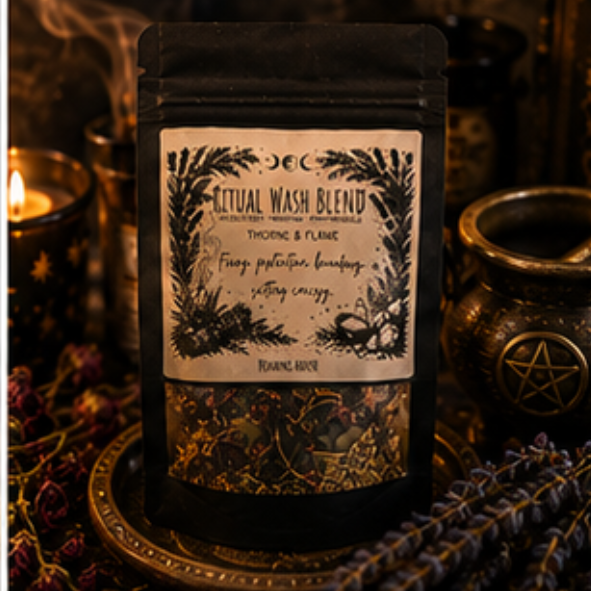 Thorne & Flame Ritual Wash Blend with botanical herbs and mineral salts for protection, grounding and spiritual home cleansing by Roaming Raven