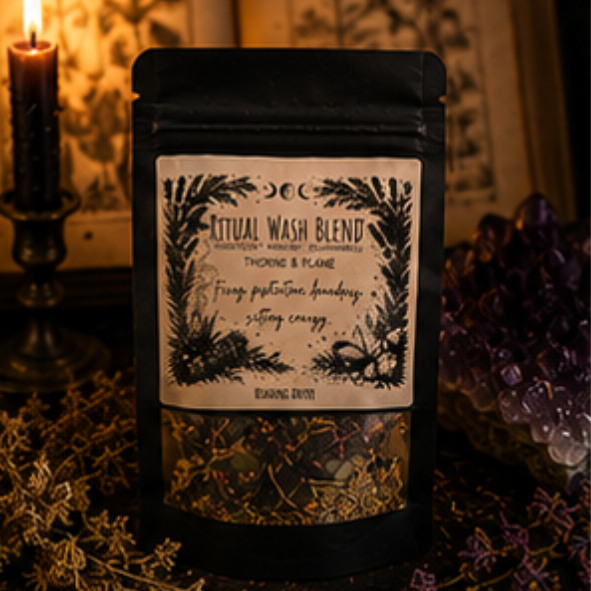 Thorne & Flame Ritual Wash Blend with botanical herbs and mineral salts for protection, grounding and spiritual home cleansing by Roaming Raven