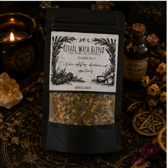 Golden Path Ritual Wash Blend with botanical herbs and mineral salts for prosperity, abundance and opportunity by Roaming Raven