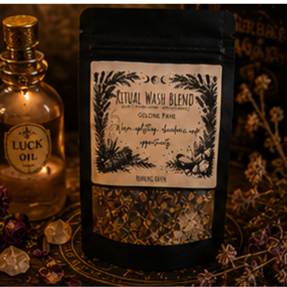 Golden Path Ritual Wash Blend with botanical herbs and mineral salts for prosperity, abundance and opportunity by Roaming Raven