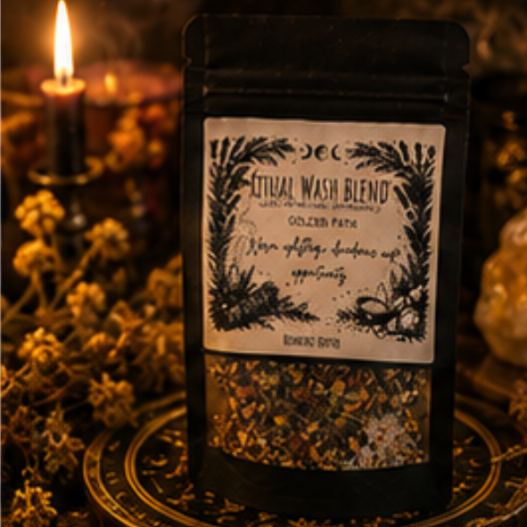Golden Path Ritual Wash Blend with botanical herbs and mineral salts for prosperity, abundance and opportunity by Roaming Raven