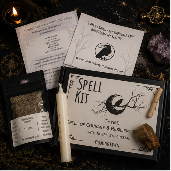 Thyme Spell Kit with dried thyme, tiger's eye crystal, ritual candle and spell scroll by Roaming Raven