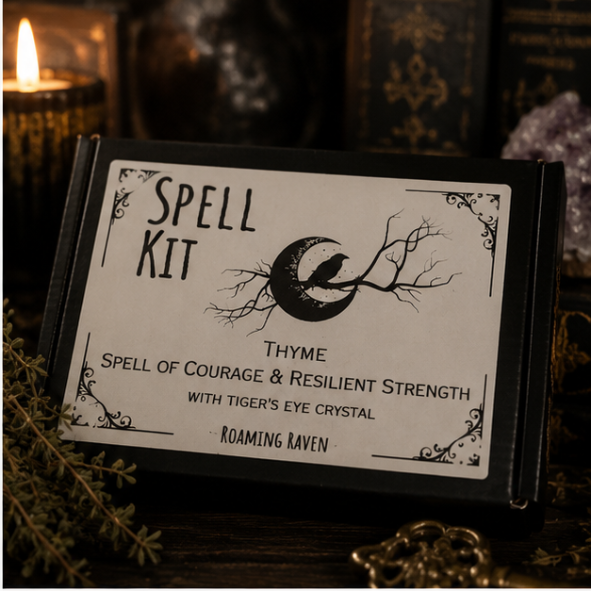 Thyme Spell Kit with dried thyme, tiger's eye crystal, ritual candle and spell scroll by Roaming Raven