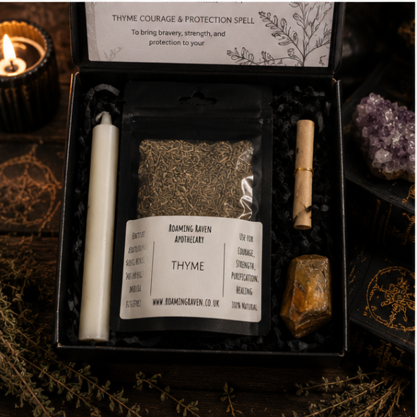 Thyme Spell Kit with dried thyme, tiger's eye crystal, ritual candle and spell scroll by Roaming Raven