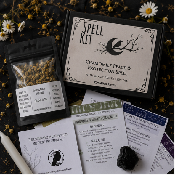 Chamomile Spell Kit with dried chamomile flowers, black obsidian crystal, ritual candle and spell scroll by Roaming Raven