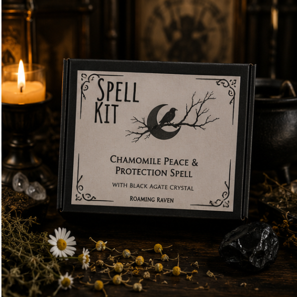 Chamomile Spell Kit with dried chamomile flowers, black obsidian crystal, ritual candle and spell scroll by Roaming Raven