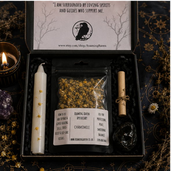 Chamomile Spell Kit with dried chamomile flowers, black obsidian crystal, ritual candle and spell scroll by Roaming Raven
