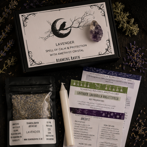 Lavender Calm & Protection Spell Kit with dried lavender, amethyst crystal, ritual candle and spell scroll by Roaming Raven