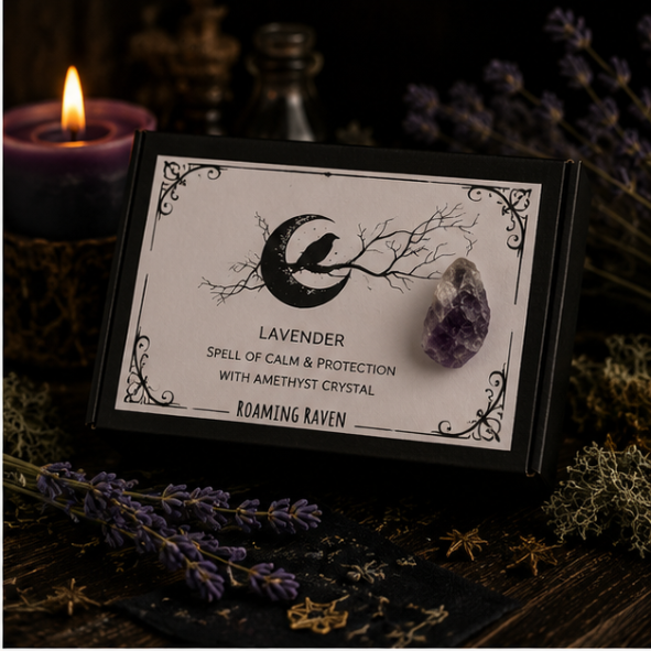 Lavender Calm & Protection Spell Kit with dried lavender, amethyst crystal, ritual candle and spell scroll by Roaming Raven