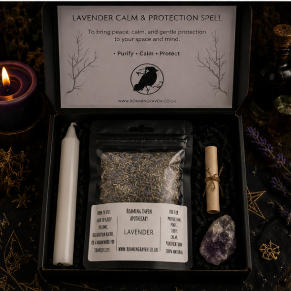 Lavender Calm & Protection Spell Kit with dried lavender, amethyst crystal, ritual candle and spell scroll by Roaming Raven