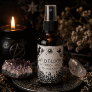 Wild Bloom intention mist with geranium, bergamot and ylang ylang essential oils in a 60ml amber glass bottle by Roaming Raven