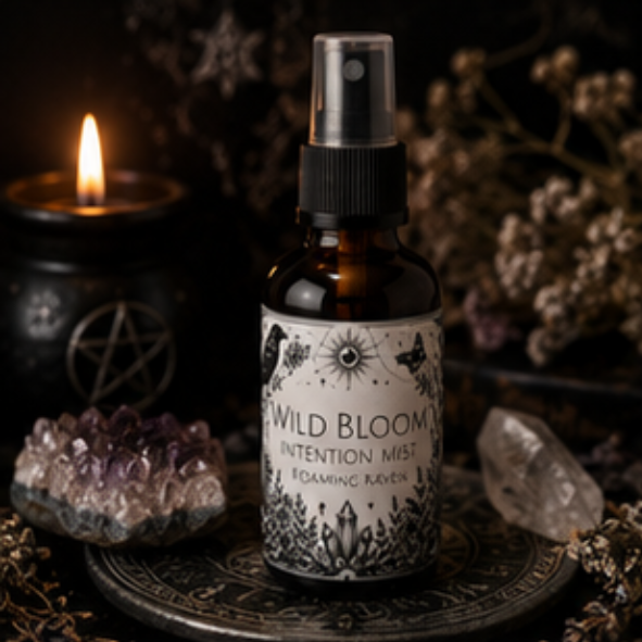 Wild Bloom intention mist with geranium, bergamot and ylang ylang essential oils in a 60ml amber glass bottle by Roaming Raven