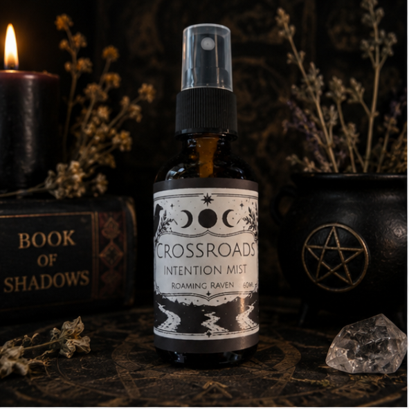 Crossroads intention mist with lavender, rosemary and juniper berry essential oils in a 60ml amber glass bottle by Roaming Raven