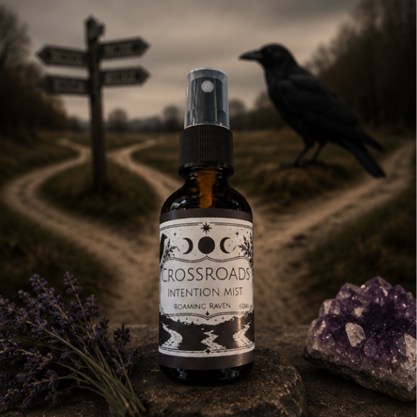 Crossroads intention mist with lavender, rosemary and juniper berry essential oils in a 60ml amber glass bottle by Roaming Raven