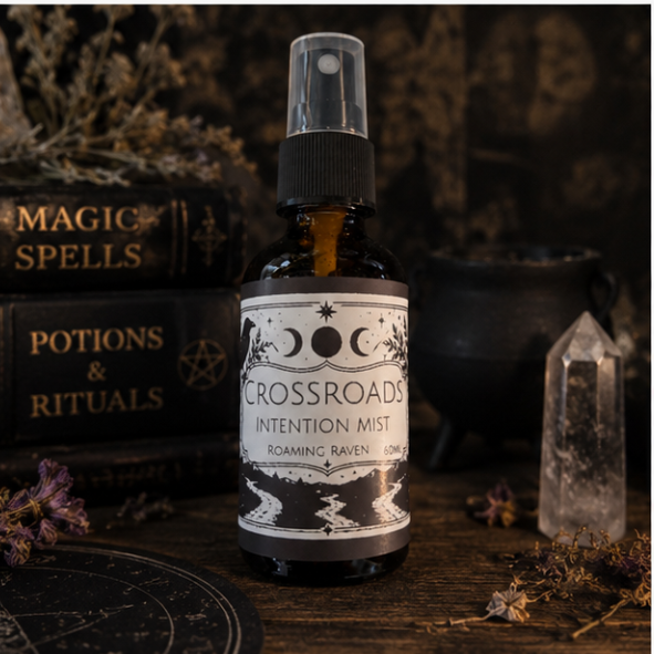 Crossroads intention mist with lavender, rosemary and juniper berry essential oils in a 60ml amber glass bottle by Roaming Raven