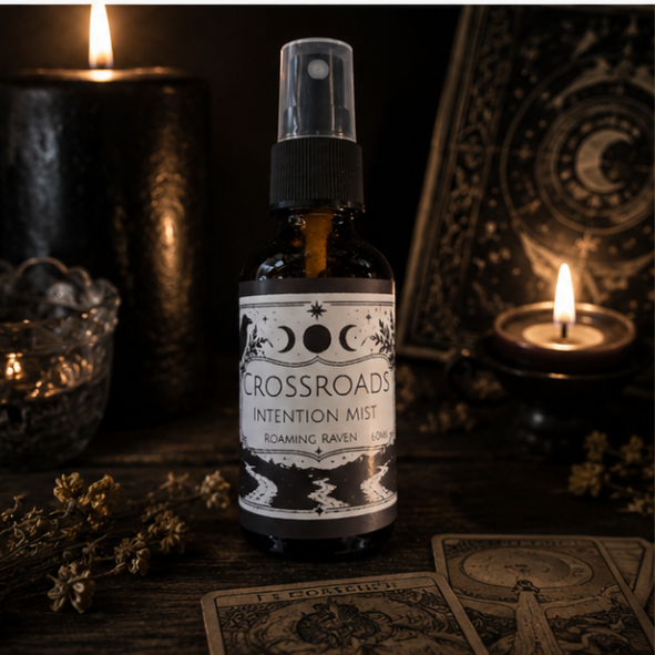 Crossroads intention mist with lavender, rosemary and juniper berry essential oils in a 60ml amber glass bottle by Roaming Raven