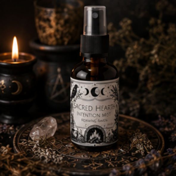 Sacred Hearth intention mist with sweet orange, cedarwood and lavender essential oils in a 60ml amber glass bottle by Roaming Raven