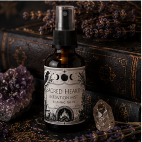 Sacred Hearth intention mist with sweet orange, cedarwood and lavender essential oils in a 60ml amber glass bottle by Roaming Raven