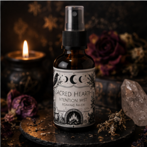 Sacred Hearth intention mist with sweet orange, cedarwood and lavender essential oils in a 60ml amber glass bottle by Roaming Raven