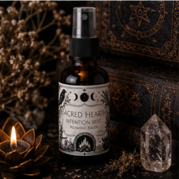 Sacred Hearth intention mist with sweet orange, cedarwood and lavender essential oils in a 60ml amber glass bottle by Roaming Raven