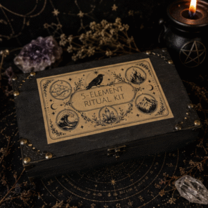 Five Elements ritual box with crystals, herbs, altar cloth, element cards and candle for earth, air, fire, water and spirit by Roaming Raven