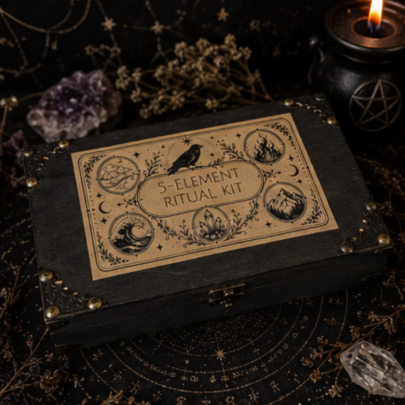 Five Elements ritual box with crystals, herbs, altar cloth, element cards and candle for earth, air, fire, water and spirit by Roaming Raven