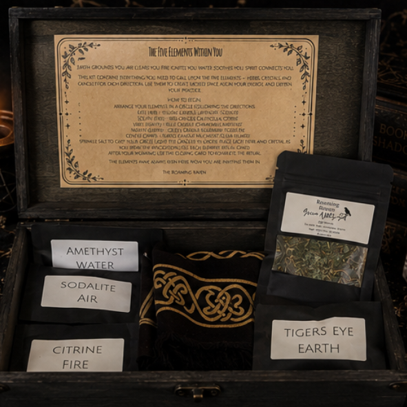 Five Elements ritual box with crystals, herbs, altar cloth, element cards and candle for earth, air, fire, water and spirit by Roaming Raven