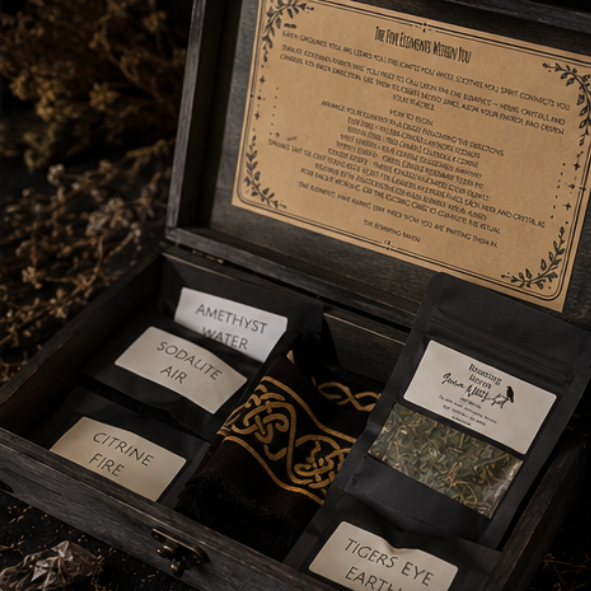 Five Elements ritual box with crystals, herbs, altar cloth, element cards and candle for earth, air, fire, water and spirit by Roaming Raven