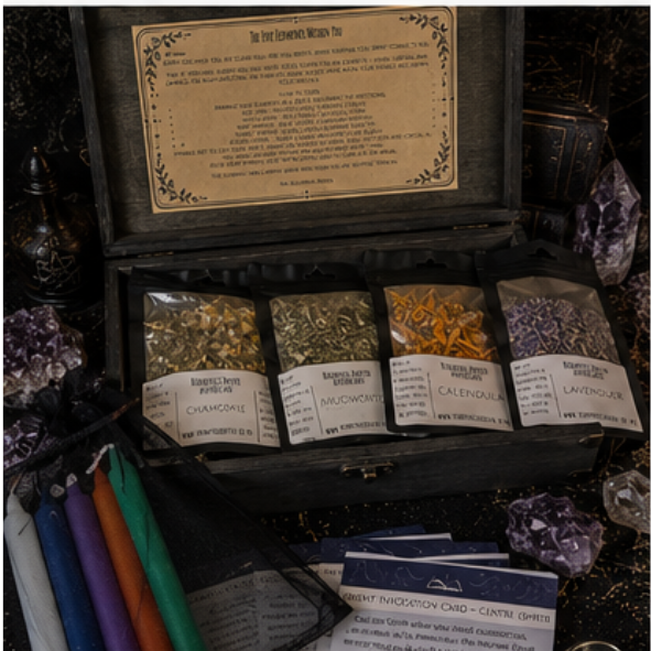 Five Elements ritual box with crystals, herbs, altar cloth, element cards and candle for earth, air, fire, water and spirit by Roaming Raven