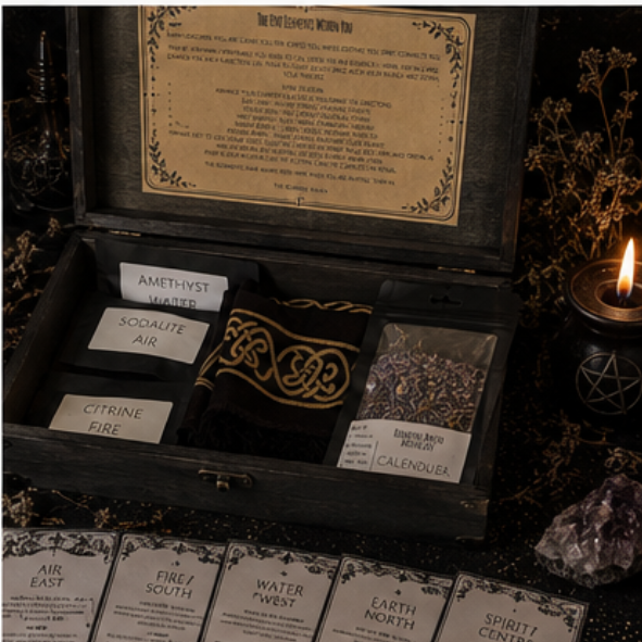 Five Elements ritual box with crystals, herbs, altar cloth, element cards and candle for earth, air, fire, water and spirit by Roaming Raven
