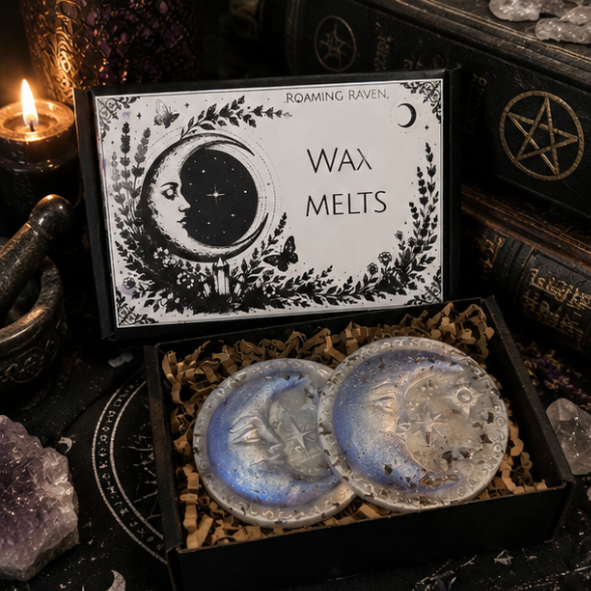 Handcrafted beeswax moon wax melts gift set featuring celestial moon and star designs in a presentation box by Roaming Raven