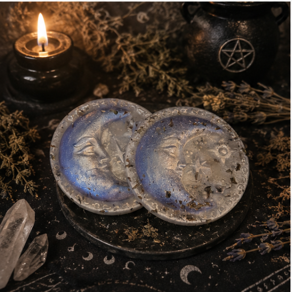 Handcrafted beeswax moon wax melts gift set featuring celestial moon and star designs in a presentation box by Roaming Raven