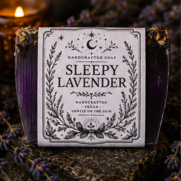 Sleepy Lavender handmade vegan soap with lavender flowers and amethyst crystals by Roaming Raven