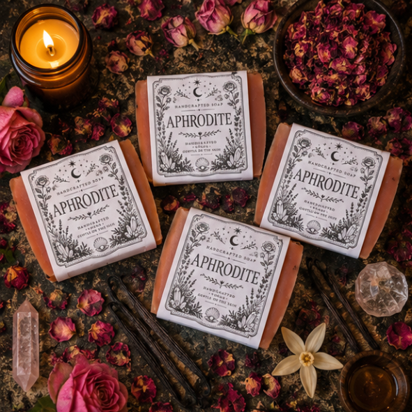 Handmade Aphrodite rose and vanilla vegan soap by Roaming Raven displayed with dried roses on a witchy altar