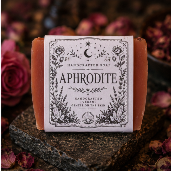Handmade Aphrodite rose and vanilla vegan soap by Roaming Raven displayed with dried roses on a witchy altar