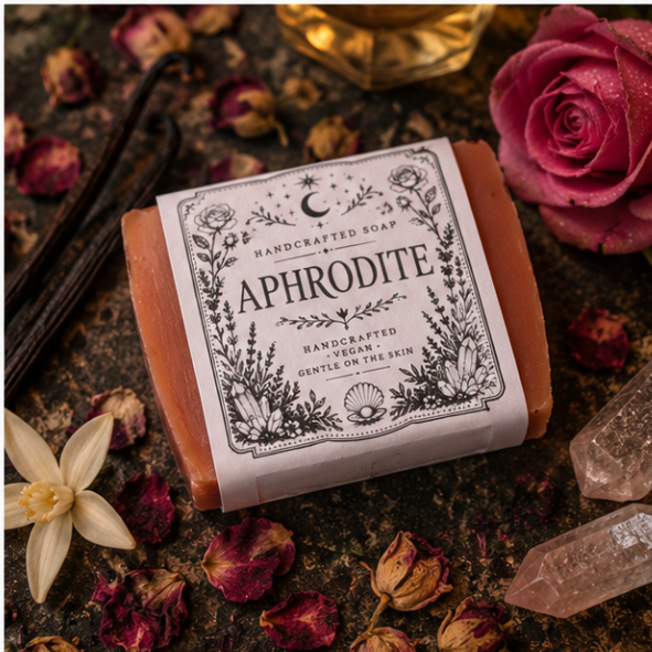Handmade Aphrodite rose and vanilla vegan soap by Roaming Raven displayed with dried roses on a witchy altar