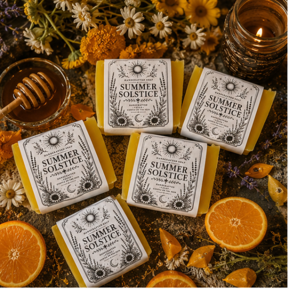 Summer Solstice handmade vegan soap with mandarin and honey fragrance surrounded by oranges, chamomile and lavender