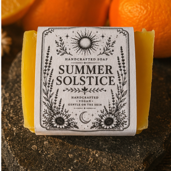 Summer Solstice handmade vegan soap with mandarin and honey fragrance surrounded by oranges, chamomile and lavender