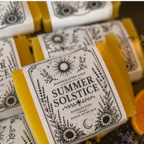 Summer Solstice handmade vegan soap with mandarin and honey fragrance surrounded by oranges, chamomile and lavender