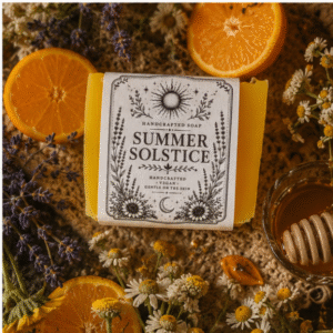 Summer Solstice handmade vegan soap with mandarin and honey fragrance surrounded by oranges, chamomile and lavender