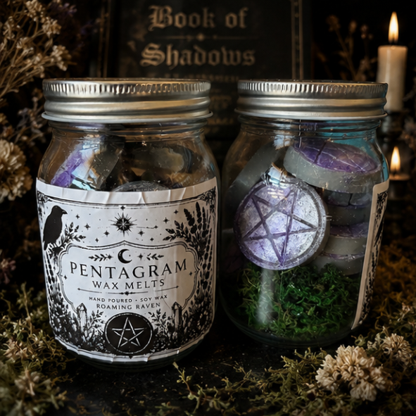 Pentagram soy wax melts in a glass jar with 12 hand poured purple wax melts by Roaming Raven