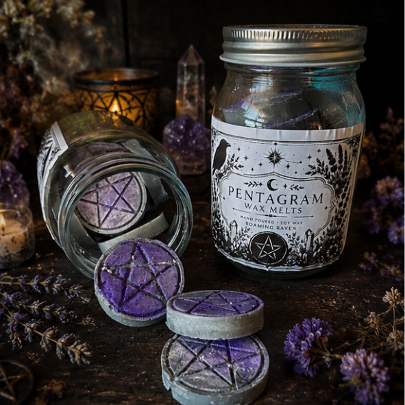 Pentagram soy wax melts in a glass jar with 12 hand poured purple wax melts by Roaming Raven