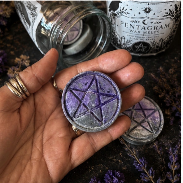 Pentagram soy wax melts in a glass jar with 12 hand poured purple wax melts by Roaming Raven